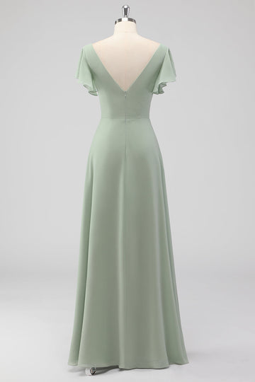 Robe de demoiselle d’honneur longue en mousseline de soie trapèze à manches courtes
